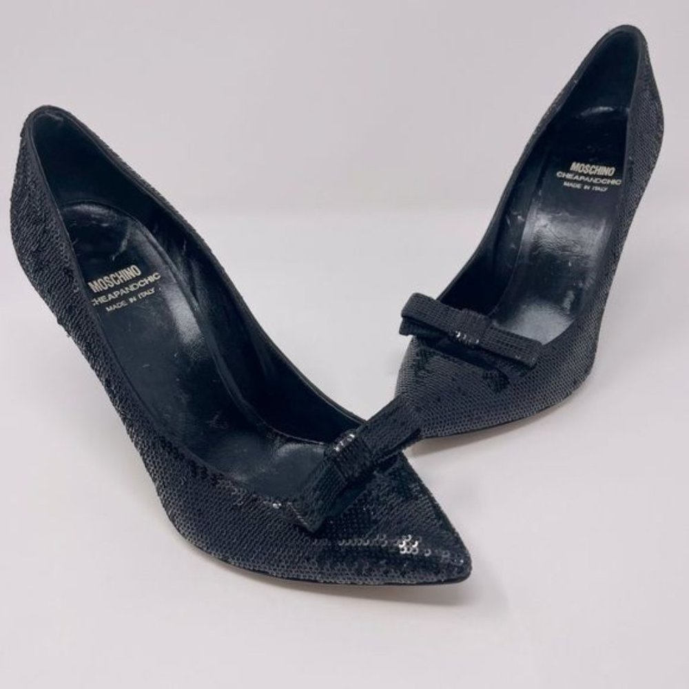 Vintage MOSCHINO Sequin Glitter SPARKLE Black Bow Hi Heel Pumps 38.5 8.5